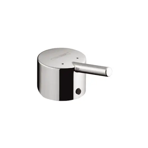 Chromfarbener Griff von Hansgrohe, runde Form mit seitlichem Ausleger und zwei Befestigungslöchern auf der oberen Fläche, geeignet für verschiedene Armaturen.